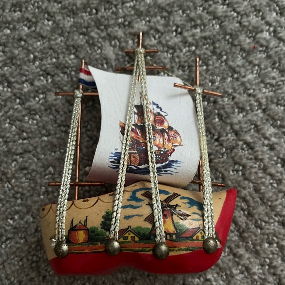 Vintage Holland Dutch Wooden Shoe Ship Souvenir Clog Sail Boat Hand Painted